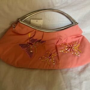 Elegant Coral Butterfly Embroidered hand Bag W/metal handles and closure.